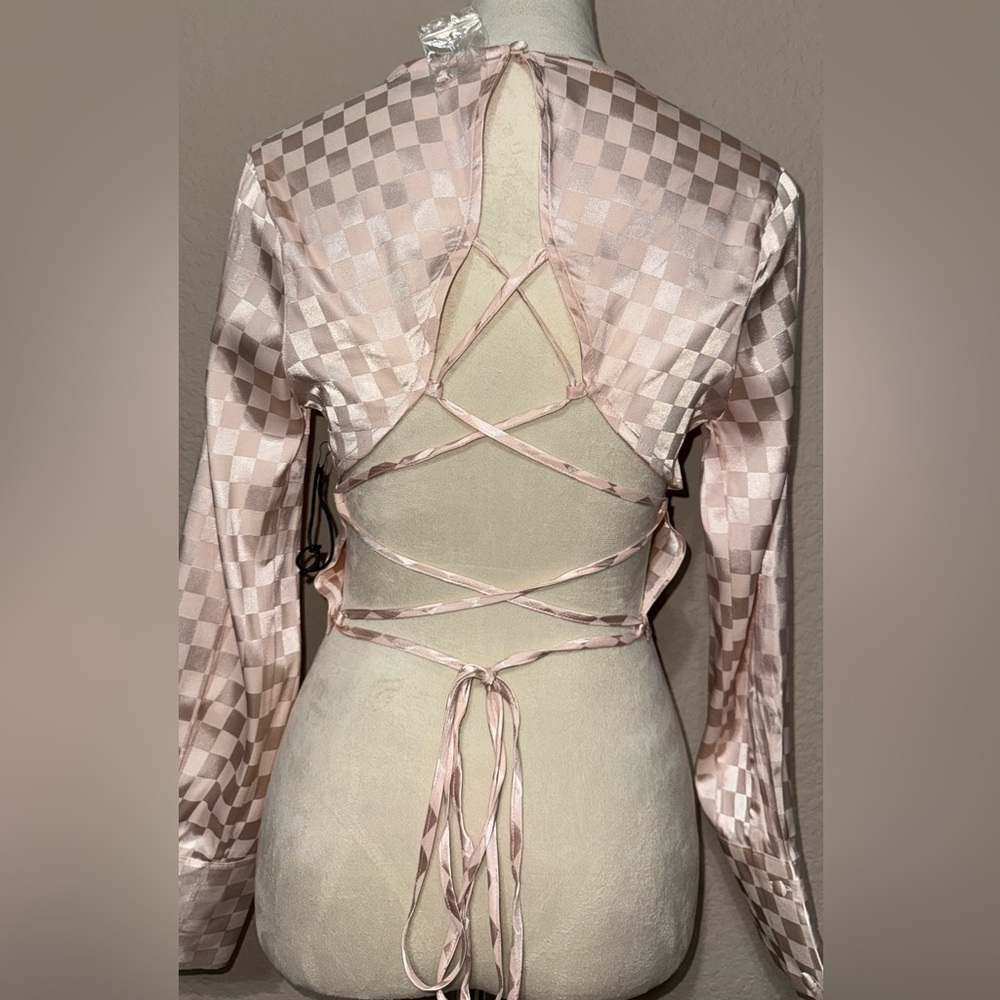 Milk & Honey Pink checkered satin blouse with long sleeves and lace up back